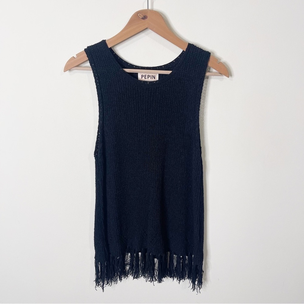 PEPIN Anthropolgie Black Knit Fringed Tank Top Size Medium